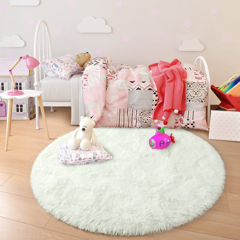 junovo Round Rug 4x4 Feet Fluffy Soft Area Rugs for Kids Girls Room Princess Castle Plush Shaggy Carpet Cute Circle Nursery Rug for Kids Girls Bedroom Baby Room Home Decor Circular Carpet, Creamy - Image 4